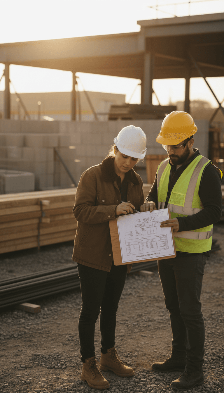 Construction site supervisor using quantity takeoff documents during project planning