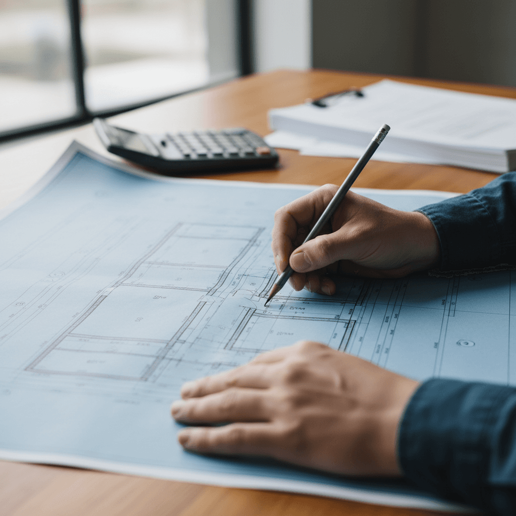 Construction estimator reviewing blueprints and taking measurements for quantity takeoff
