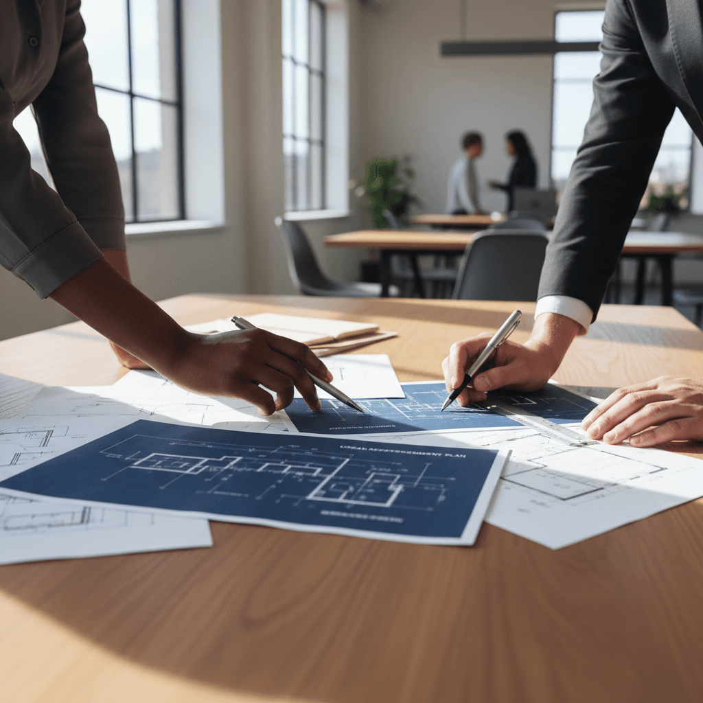 Construction cost estimator reviewing detailed bill of quantities and blueprints
