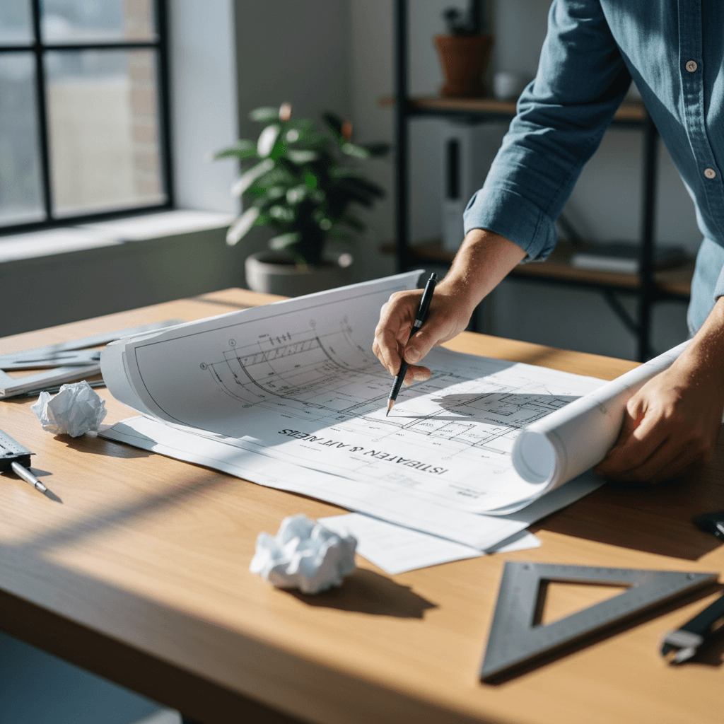 Surveyor measuring and marking quantities on construction blueprints