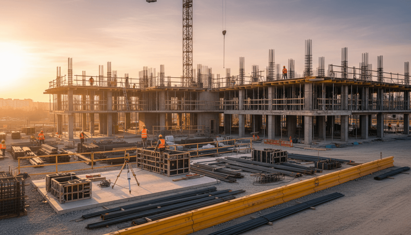 Active construction site showing structural elements and project planning materials