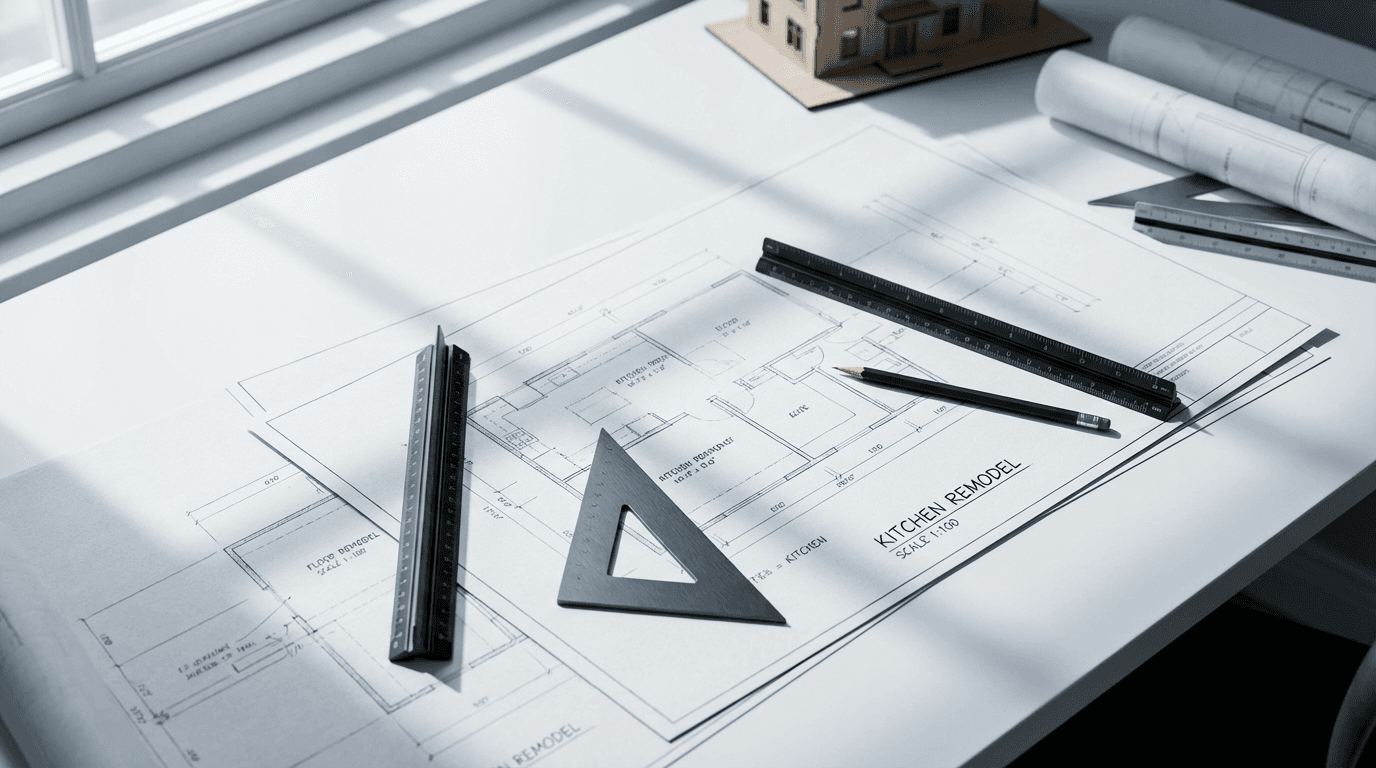Construction blueprints and quantity takeoff materials on desk