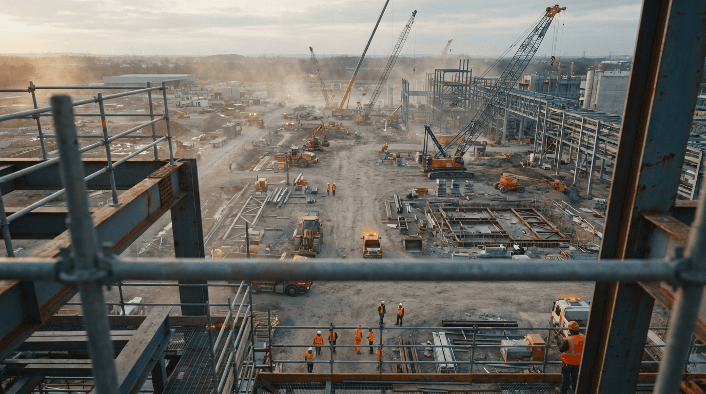 Construction site with building structure and measurement professional